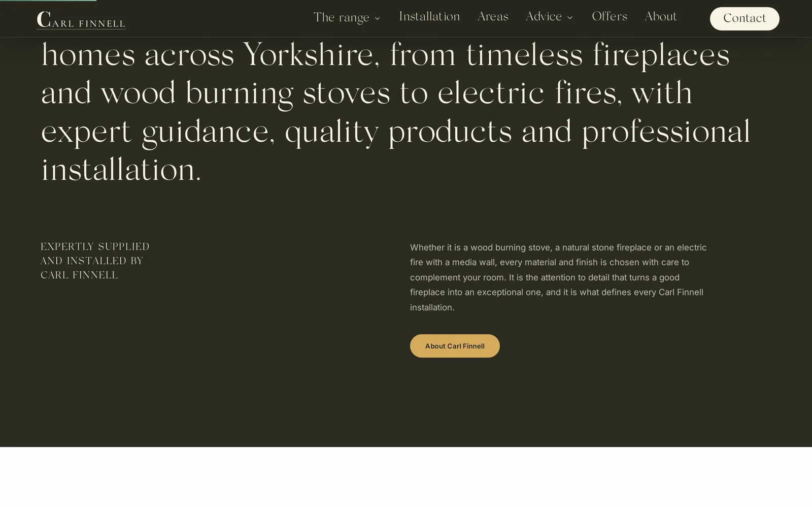 The Carl Finnell range section and live coverage map, showing stove and electric fire models and the Yorkshire towns covered