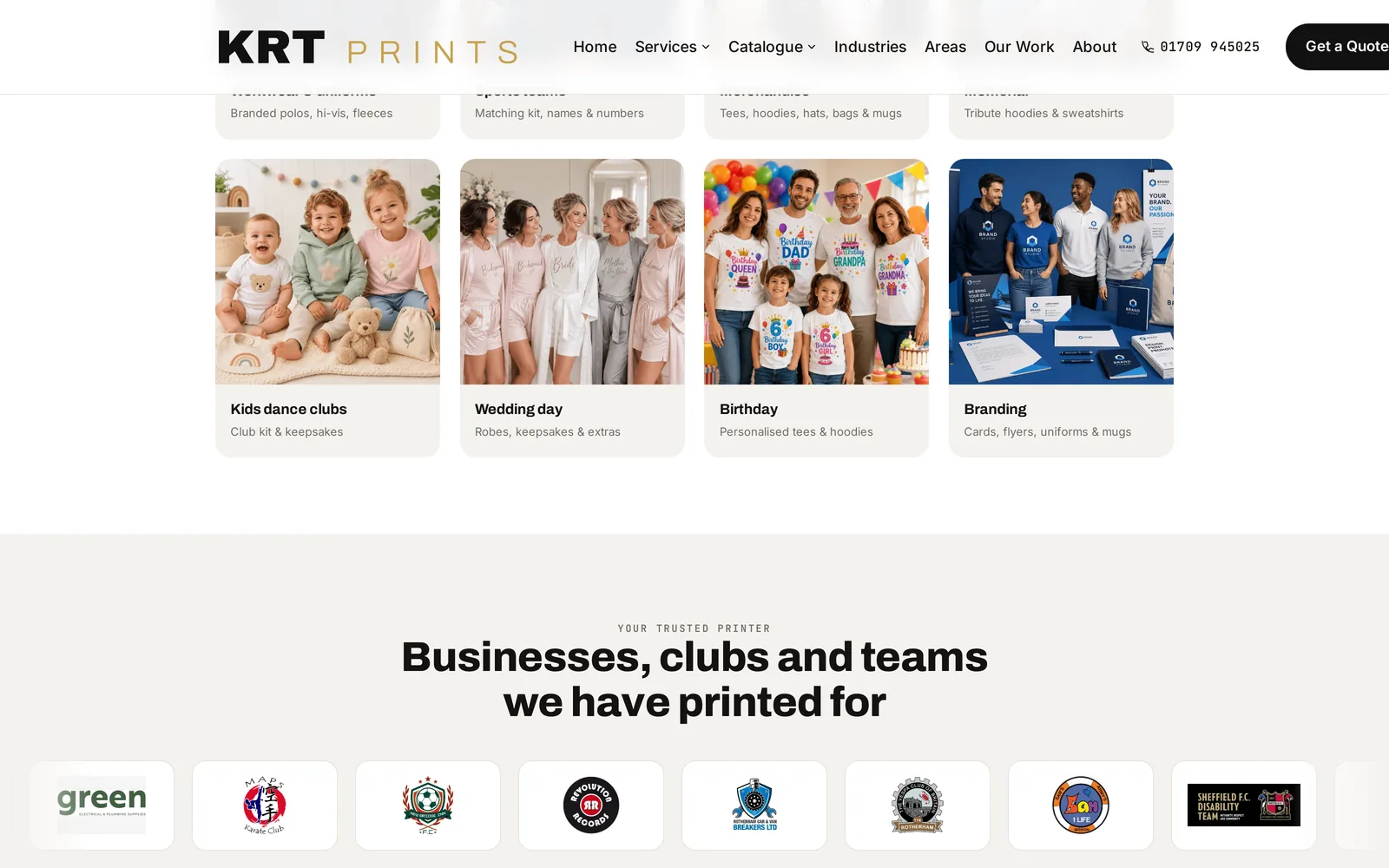 The KRT Prints catalogue, showing product cards for printed and embroidered garments grouped into categories