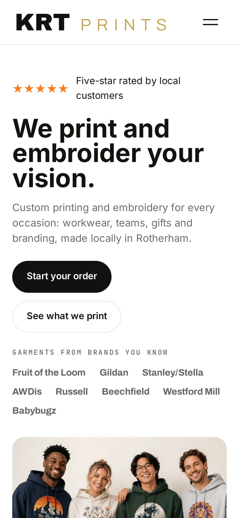 Mobile view of the KRT Prints homepage with a stacked hero, tap-to-call number and quote button