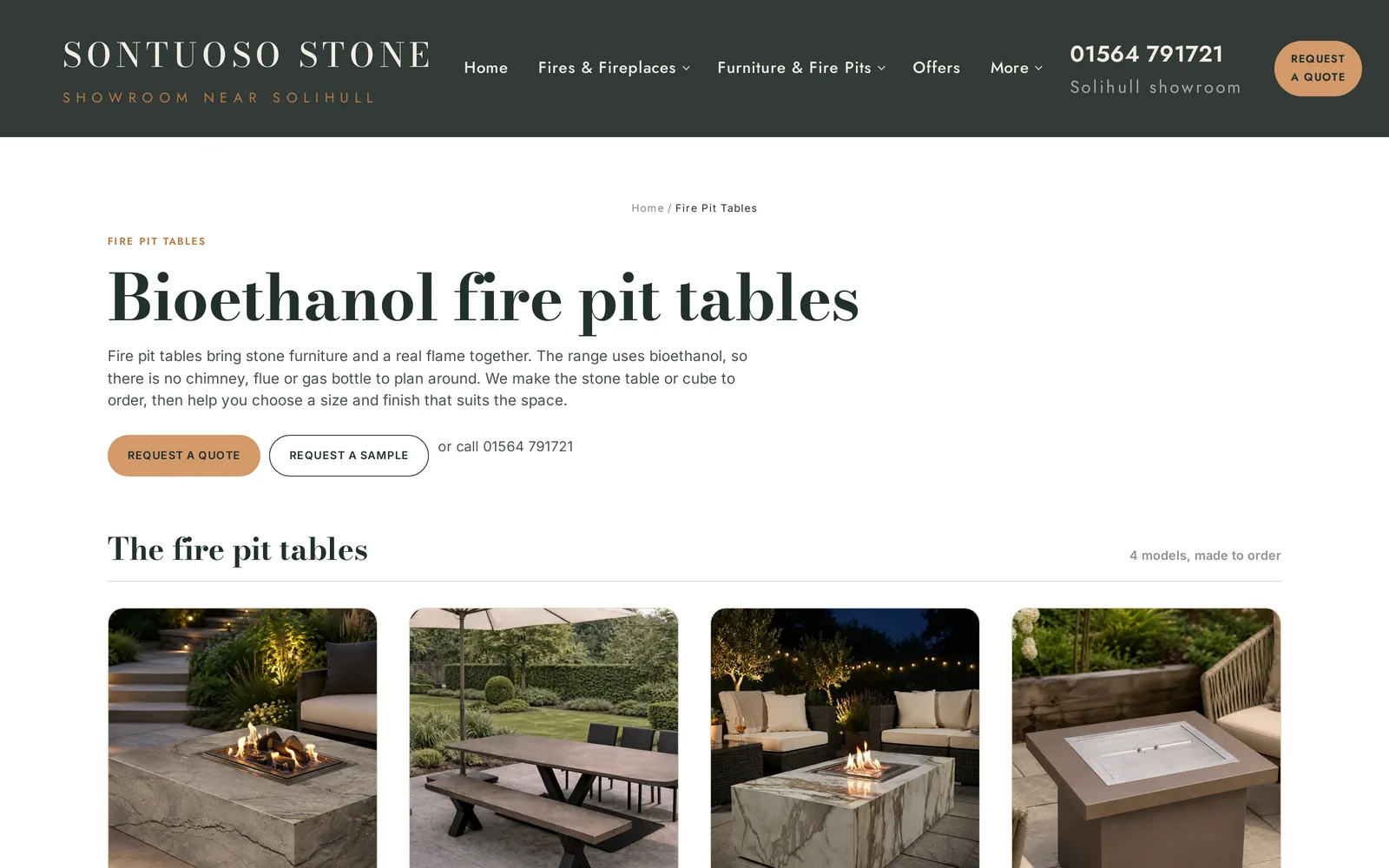 The Sontuoso Stone fire pit tables page, showing bioethanol fire pit products