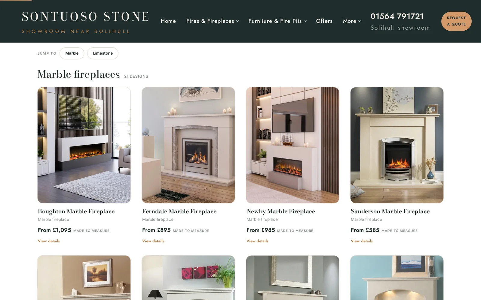 The Sontuoso Stone marble fireplaces product grid, showing fireplace cards and pricing