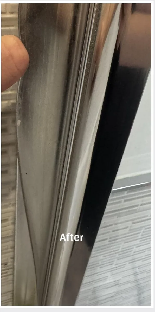 The same shower screen edge after a True Grit deep clean, the chrome and glass clear
