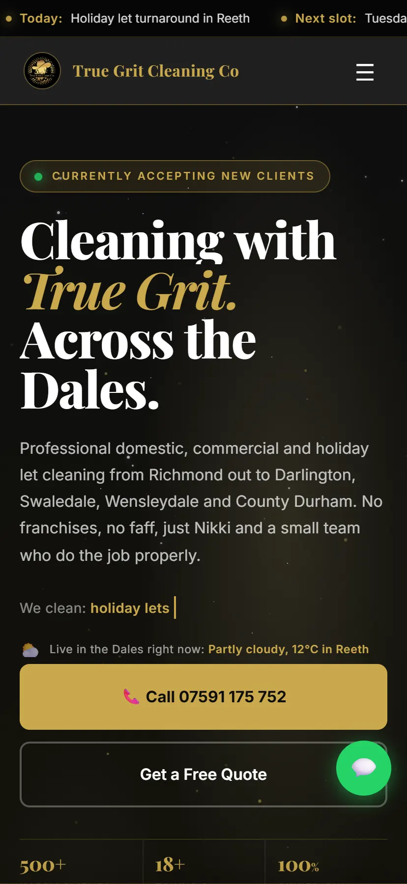 Mobile view of the True Grit homepage with a stacked hero, weather widget and full-width call buttons