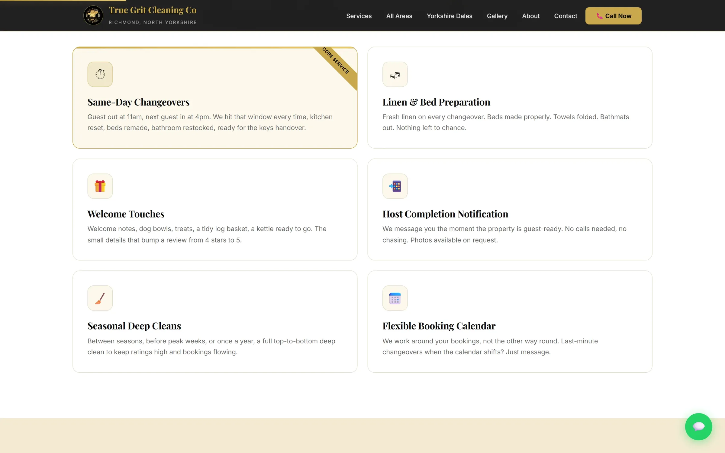 The True Grit services page showing six service cards, each with an icon, description and per-card call to action